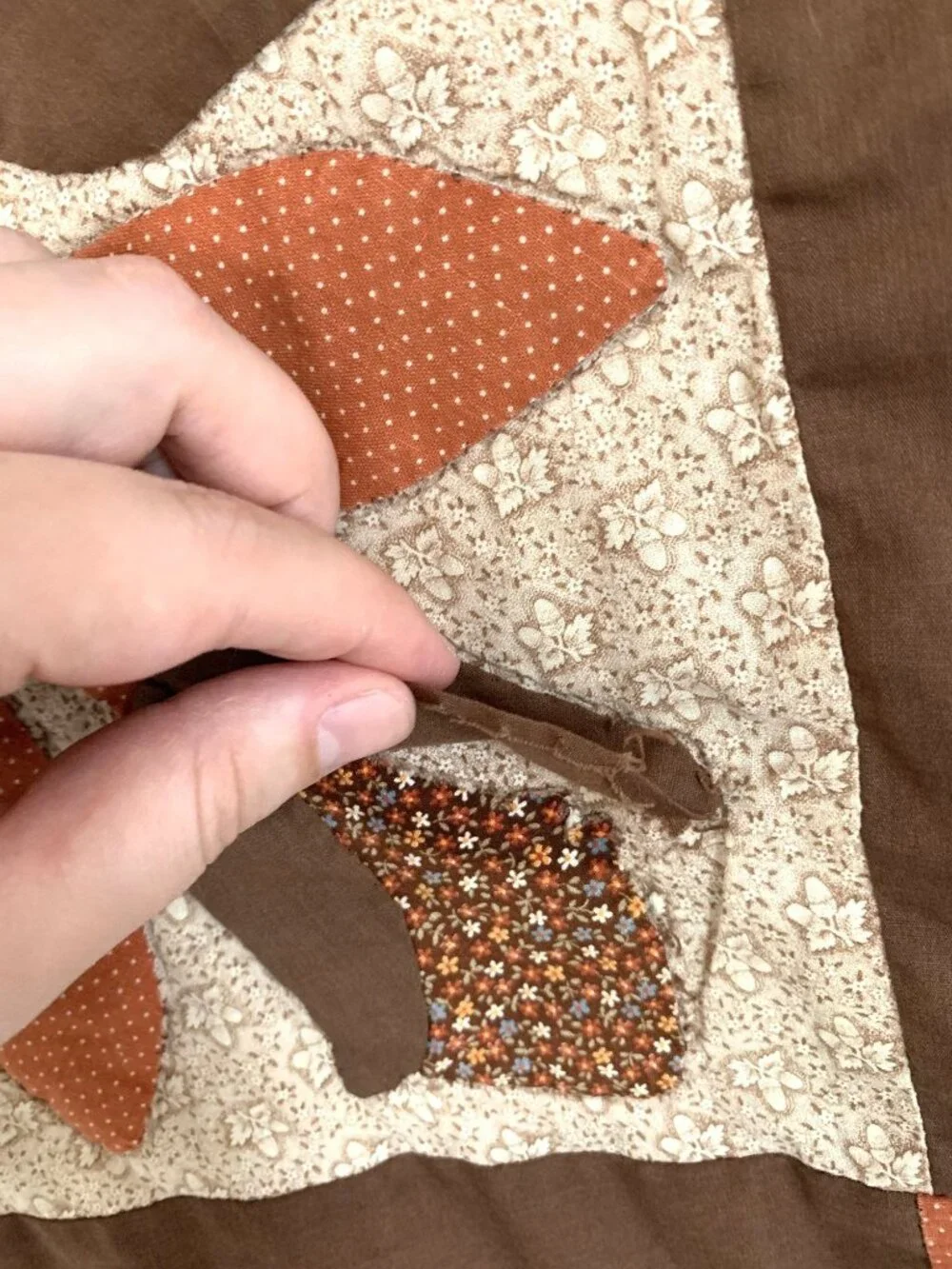 Handmade Patchwork Throw Lap Quilt Brown Orange Floral 36